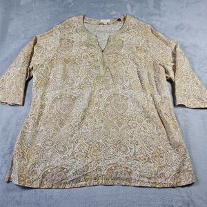 Charter Club Tunic Womens 3X 100% Linen Blouse Paisley Yellow Gold Lagenlook